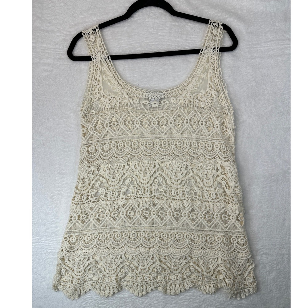 Solitaire Crochet Lace Tank Top Womens Small Cream Sleeveless Scalloped Boho